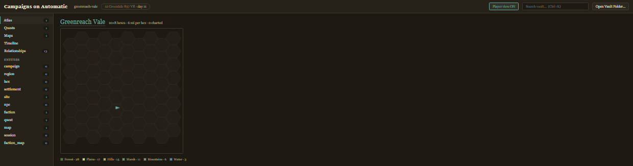 Player view of the example vault's atlas: the map dark with nothing charted yet, entity counts reduced to what has been revealed, GM views absent from the navigation.